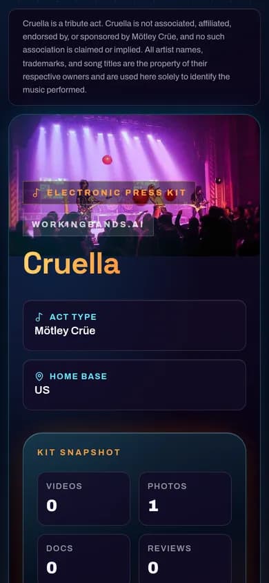 A published band page open on a phone