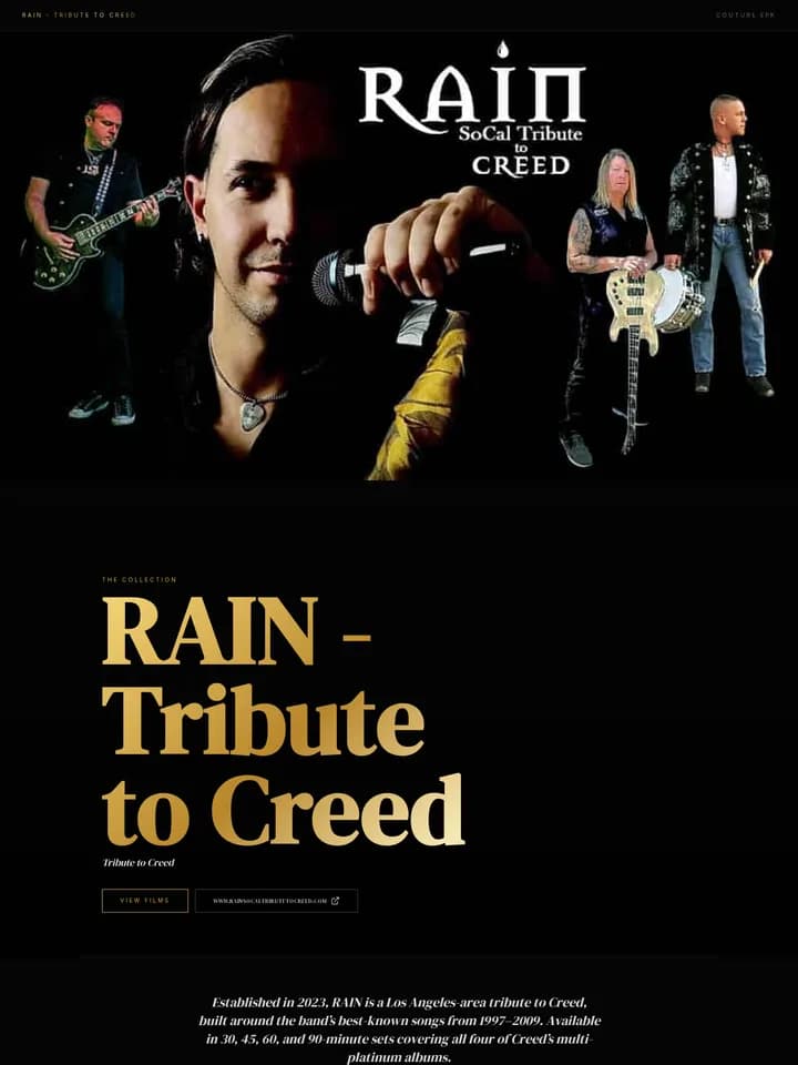 RAIN – Tribute to Creed's published EPK in the dark luxe couture template
