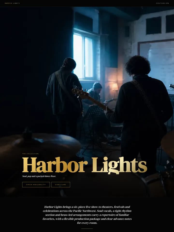 Harbor Lights demo band — dark luxe couture EPK template