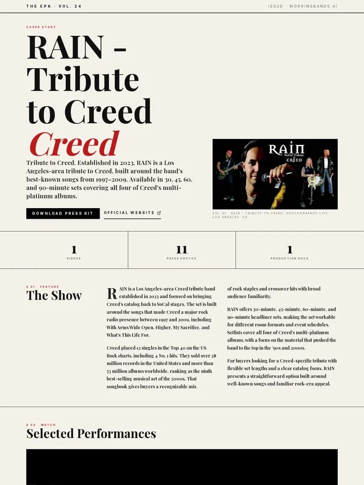 RAIN – Tribute to Creed's published EPK in the editorial noir template