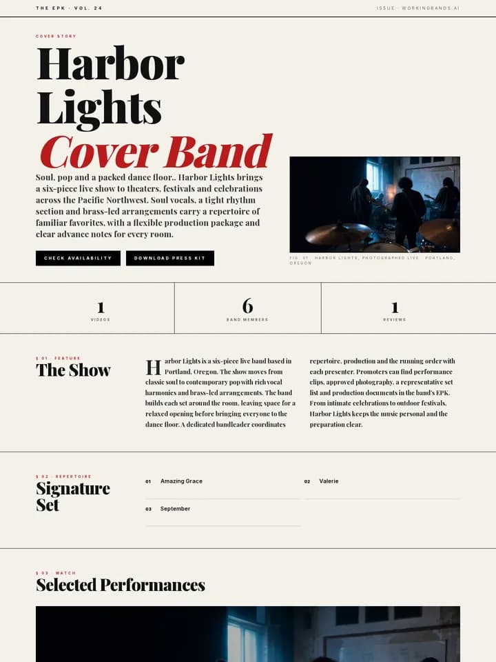 Harbor Lights demo band — editorial noir EPK template