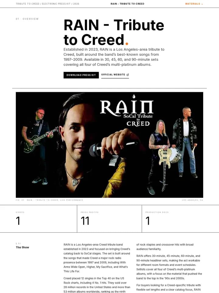 RAIN – Tribute to Creed's published EPK in the swiss grid template