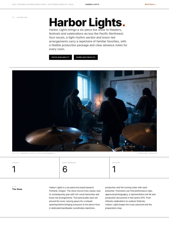 Harbor Lights demo band — swiss grid EPK template