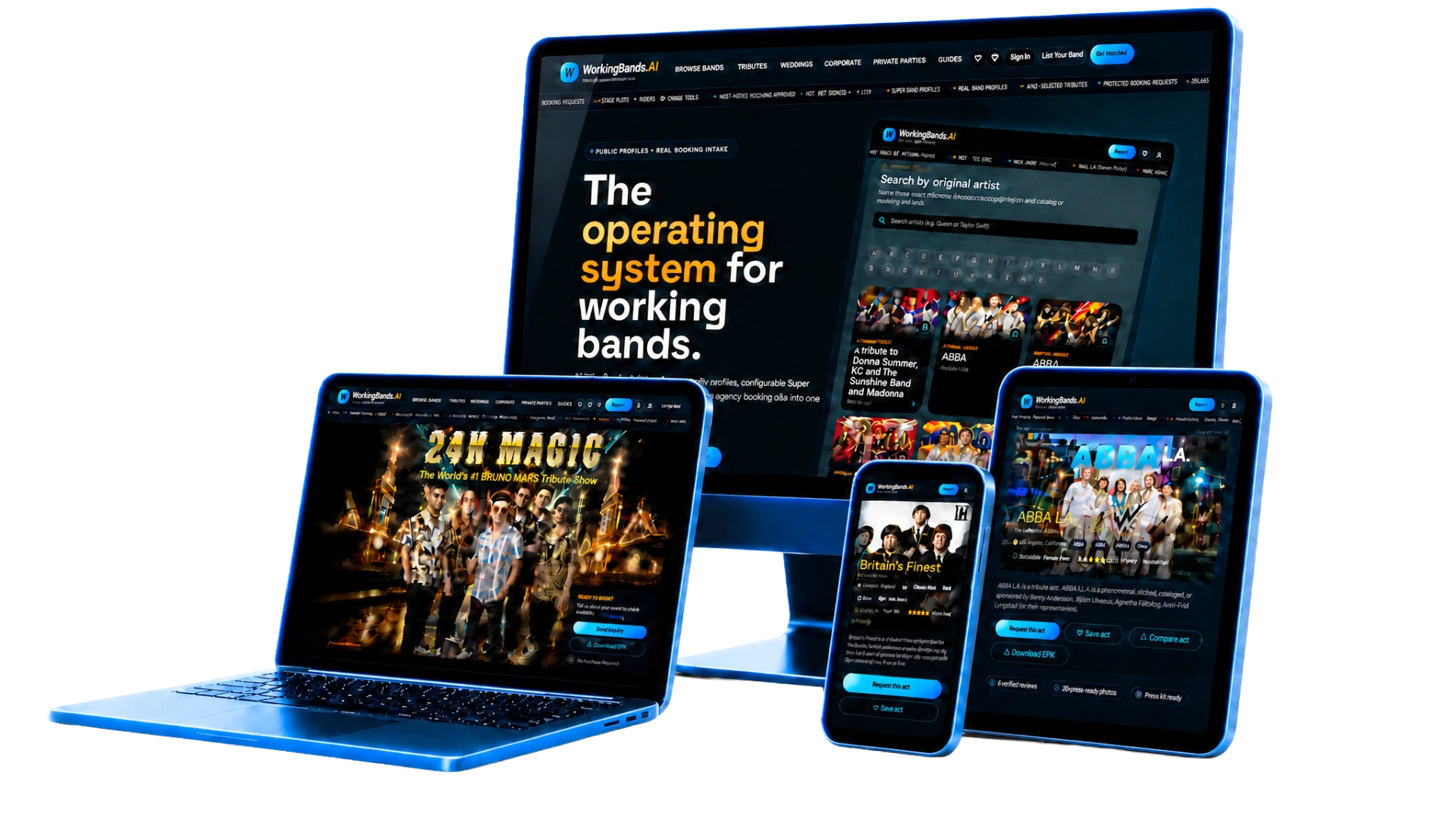 WorkingBands EPK screens shown across a monitor, laptop, tablet, and phone