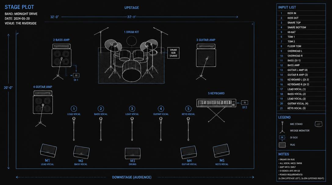 Example stage plot showing instrument positions, monitors and an input list